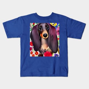 Dachshund Dog Puppy Whimsical Portrait Hiding in Wildflowers Secret Garden Digital Art Watercolor Painting Kids T-Shirt